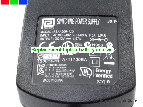 image 4 of  Original Genuine UK Plug PHIHONG 12V 1.67A Ac Adapter PSAA20R-120 Power Supply Charger 